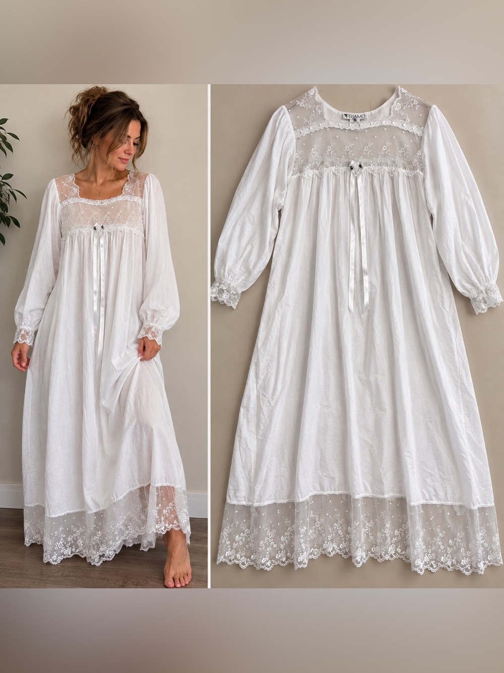 Vintage Priamo White Cotton Lace Nightgown Maxi Dress Large Cottagecore Romantic
